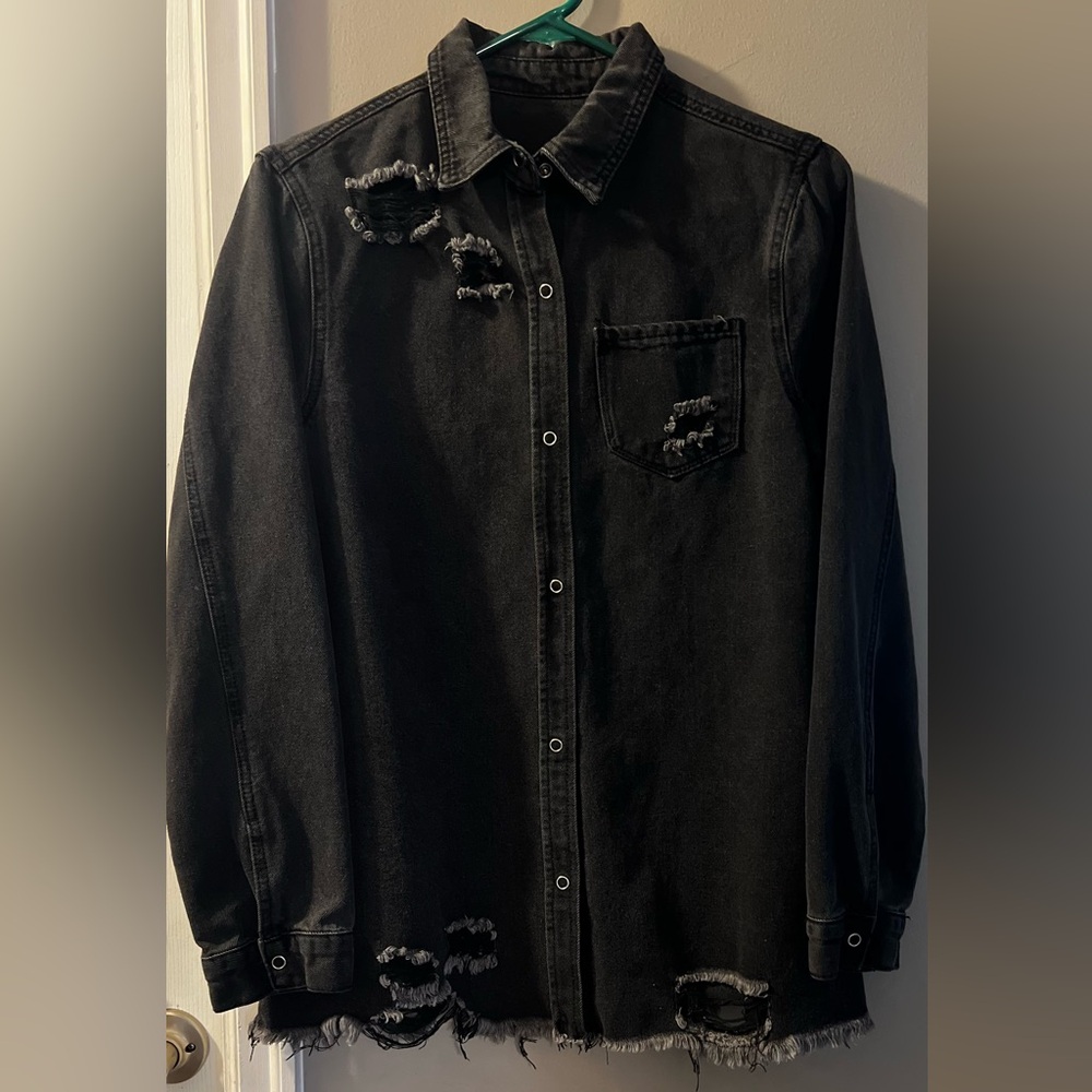 Women’s Black Distressed Denim Button Up Shirt